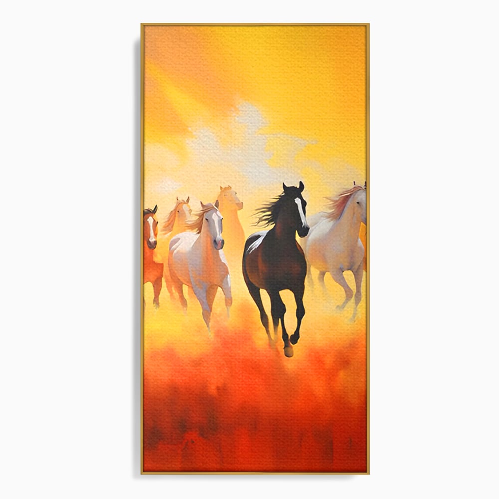 Tablou canvas cu pictura cu cai in galop, in rama de aluminiu auriu